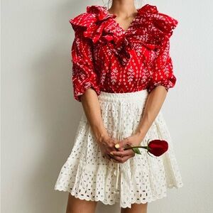 Zara Embroidered Eyelet Ruffle Blouse, Small, Red White